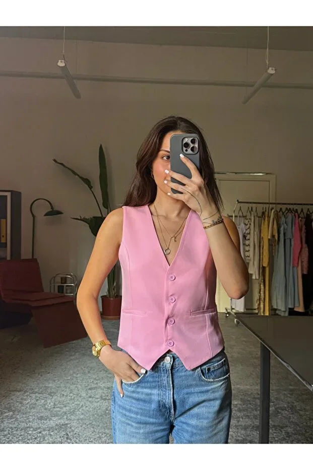 Pastel Color Fitted Scuba V Neck Buttoned Vest