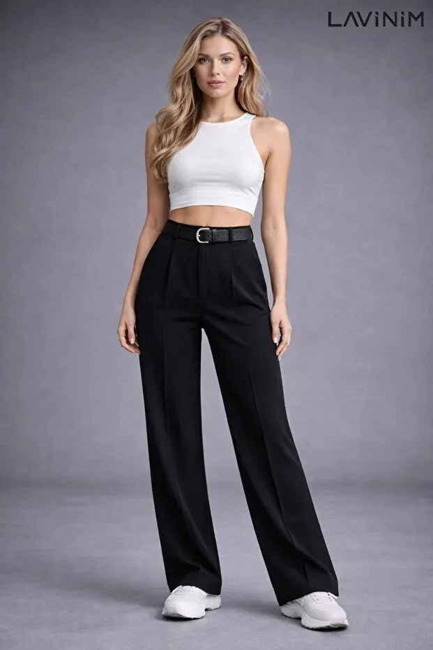 LAVİNİM Women Belted Palazzo Oversize Women Trousers Belted