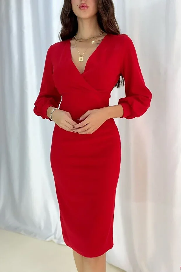 deafox Red Crepe Fabric Long Sleeve Crossover Neck Dress