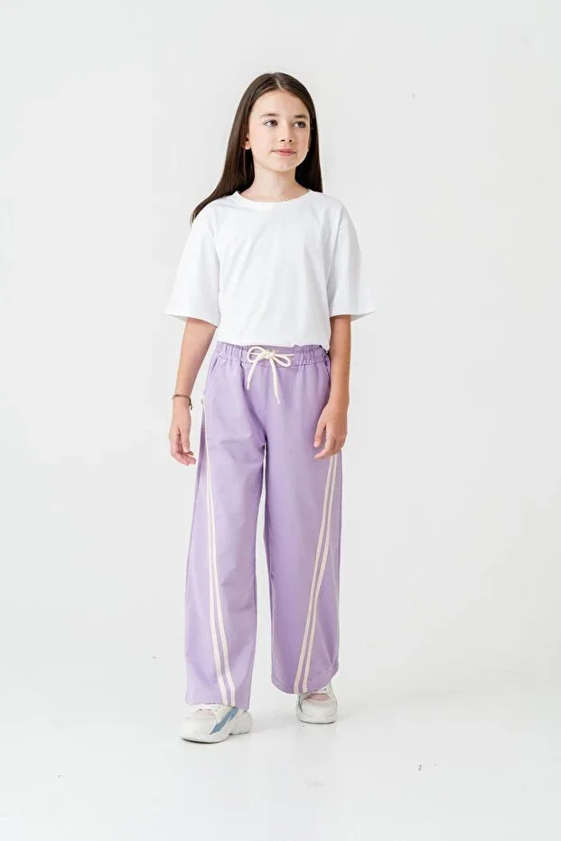 Girl's Sweatpants with Wide Legs, Herringbone and Side Stripes