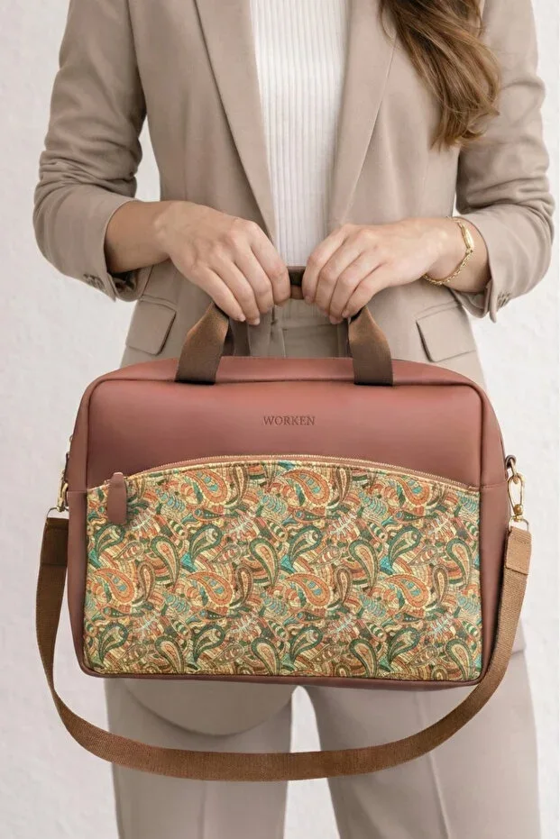 Worken Leather Shoulder Bag Laptop Bag 15.6 Inch, Front Zipper Pocket Bag, Shawl Pattern, Brown