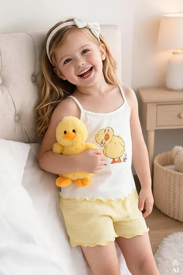 Girls' Cotton Printed Strap Pajama Set
