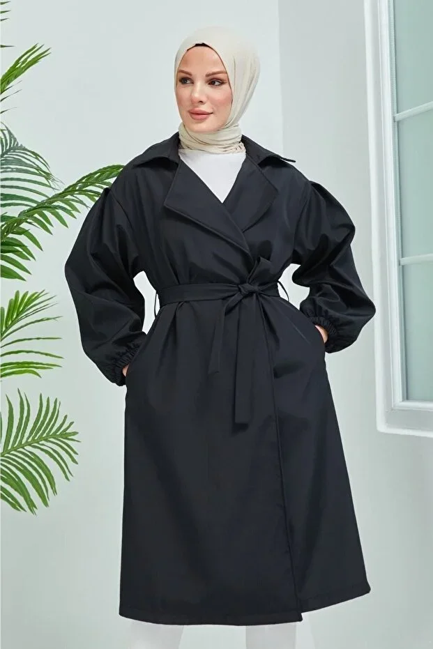 Women's Belted Black Balloon Sleeve Trench Coat