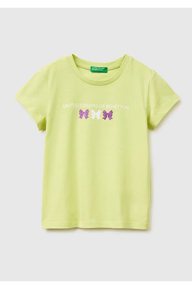 Girls Yellow Glitter Graphic Print Short Sleeve Ribbed Collar T-Shirt