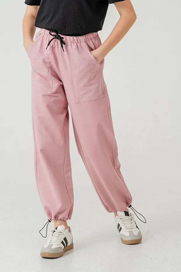 Mışıl Kids Girl's Sweatpants with Pocket, Stone Embellished Hem, Elastic Waistband and Stopper