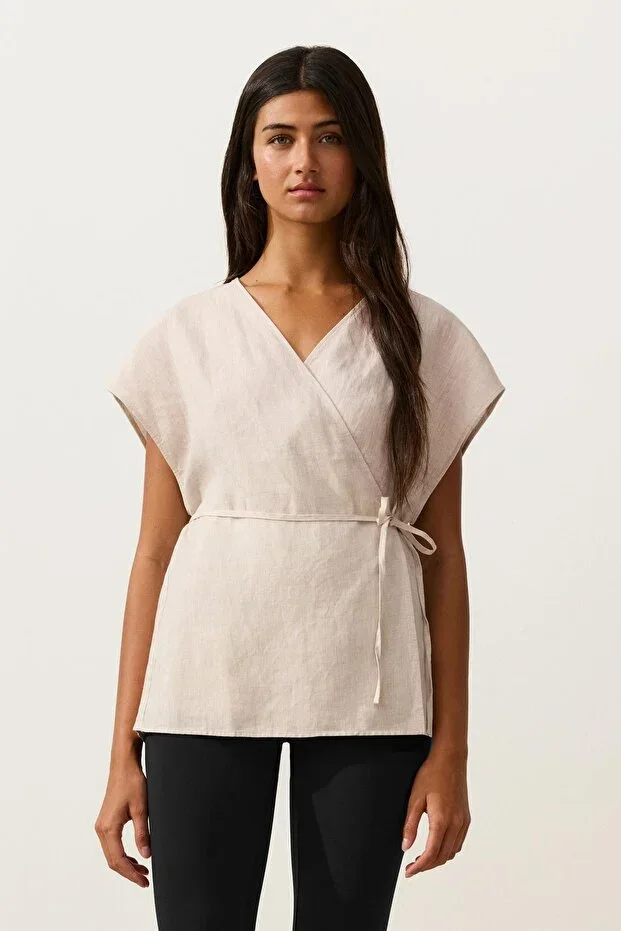 Oysho 100% Linen Crossover Tie Shirt