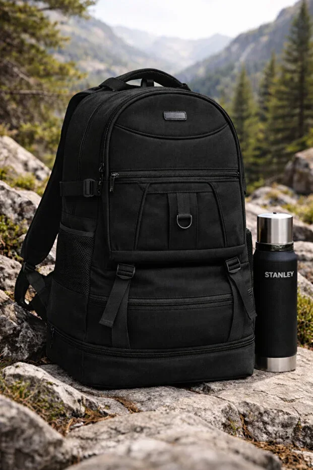 MOUNTAINEER CAMP BACKPACK TRAVEL CANVAS DURABLE FABRIC BELLOWS 8 CM DAILY USE Color Black