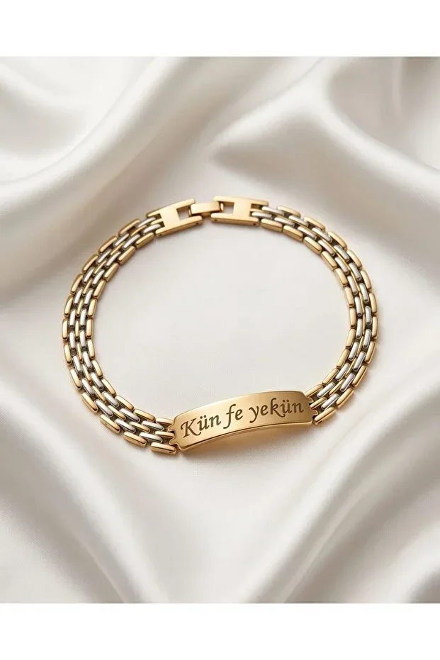 Kün Fe Yekün Engraved Steel Bracelet 20 cm Stainless Steel Non-Tarnishing Gold Men Women Bracelet