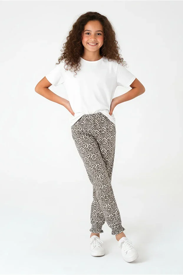 Girls' Cuff Hem Patterned Cotton Pants / Comfortable and Modern Fit