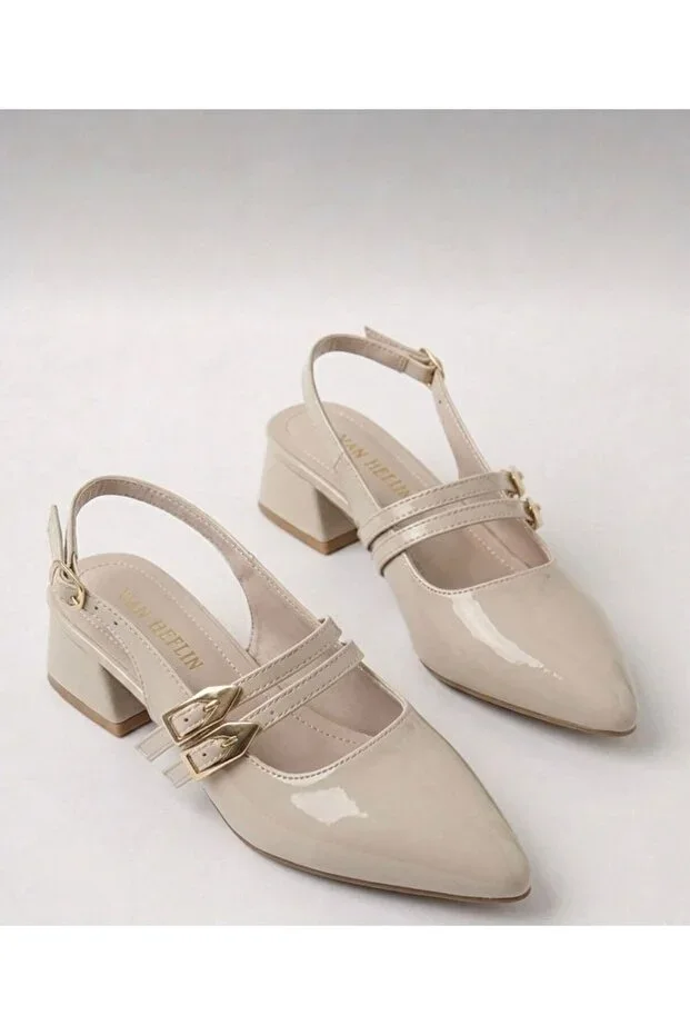 ARVEN Women's Beige Patent Double Buckle Medium Thick Heel Women's Slingback Mary Jane Shoes