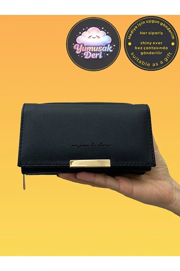 Shiny Ever Black Women's Wallet Handbag Gold Detail