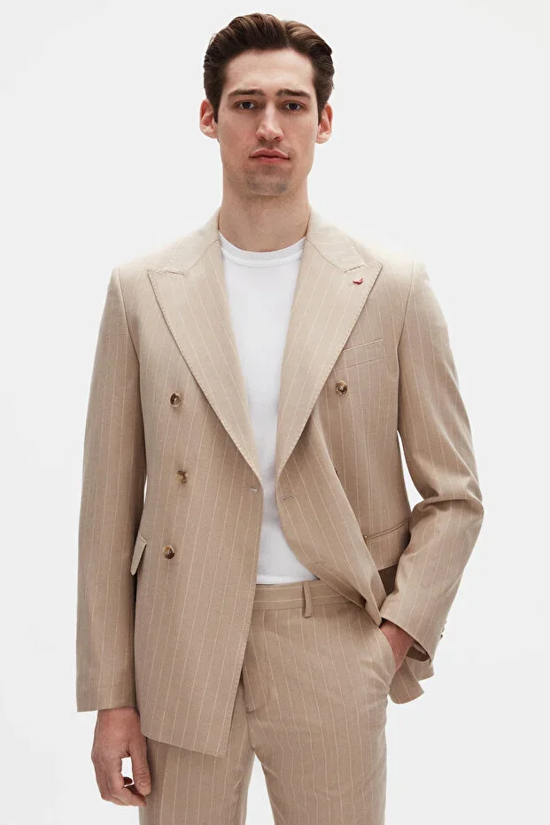 Ds Damat Regular Fit Beige Striped Double-Breasted Suit