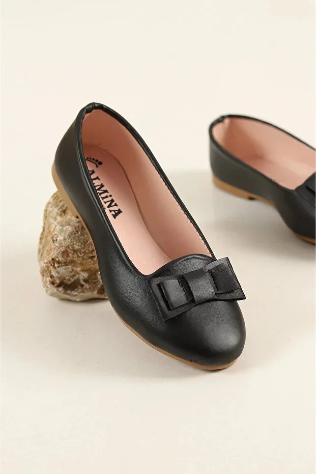 ALMİNA Shoes Girls Bow Detail Black Ballet Flats