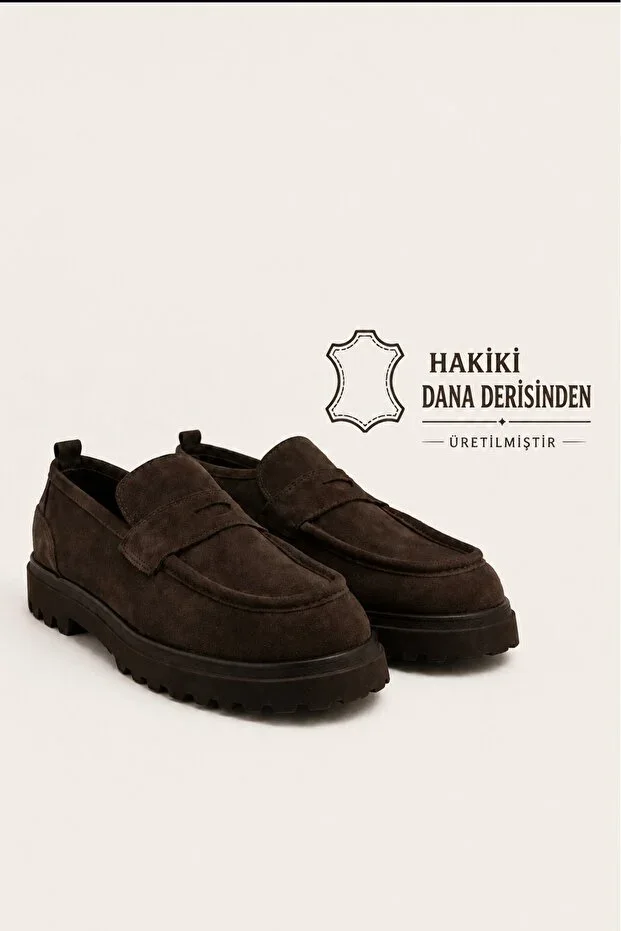 Men's Brown Genuine Suede Loafer Shoes - Lorent