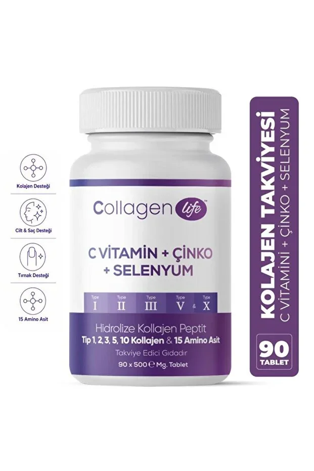 5 Type Hydrolyzed Collagen Type 1, 2, 3, 5 and 10 Collagen & 15 Amino Acids 90 Tablets - With Vitamin C, Zinc and Selenium