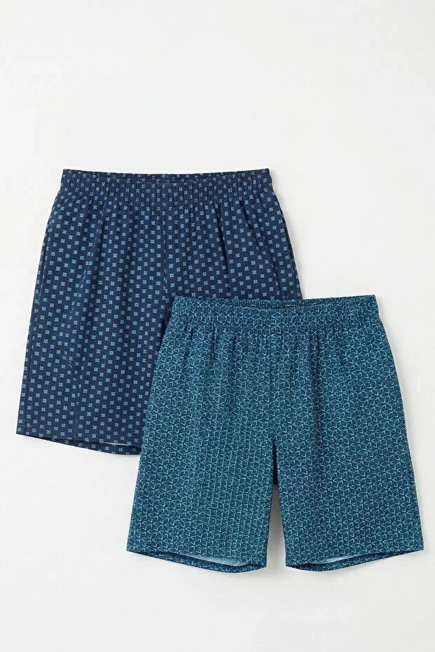 Elemge Cotton 2-Piece Men's Pajama Shorts Thin Compact Combed Navy Blue & Blue Pocketed Relaxed Fit Non-Sweating Lycra Home Shorts