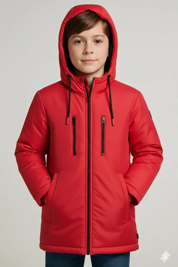 Boys Windproof Fleece Lined Double Pocket Hooded Winter Jacket