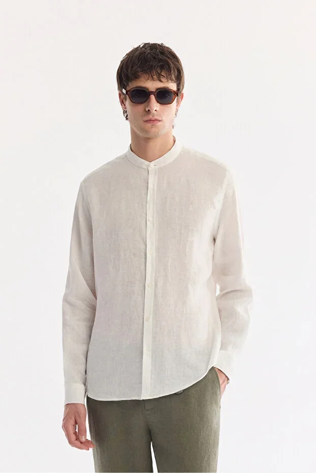 Men's White Mandarin Collar %100 Linen Comfort Fit Shirt B002035