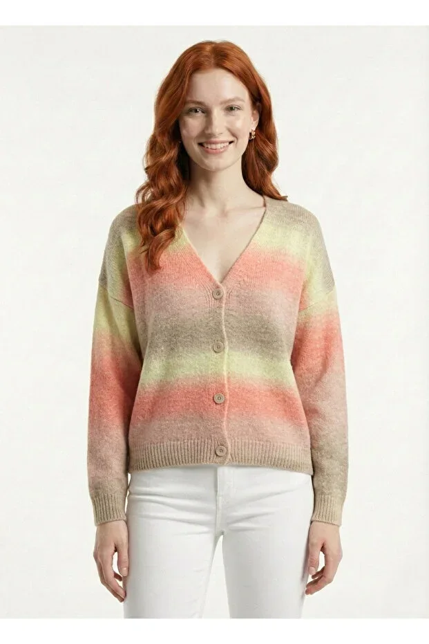Salmon Camel Color Transition V-Neck Knit Cardigan