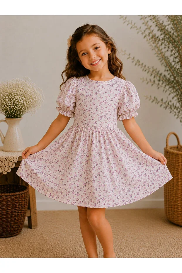 Girls' Muslin Dress Floral Print Balloon Sleeve Summer Casual Fit Daily Dress