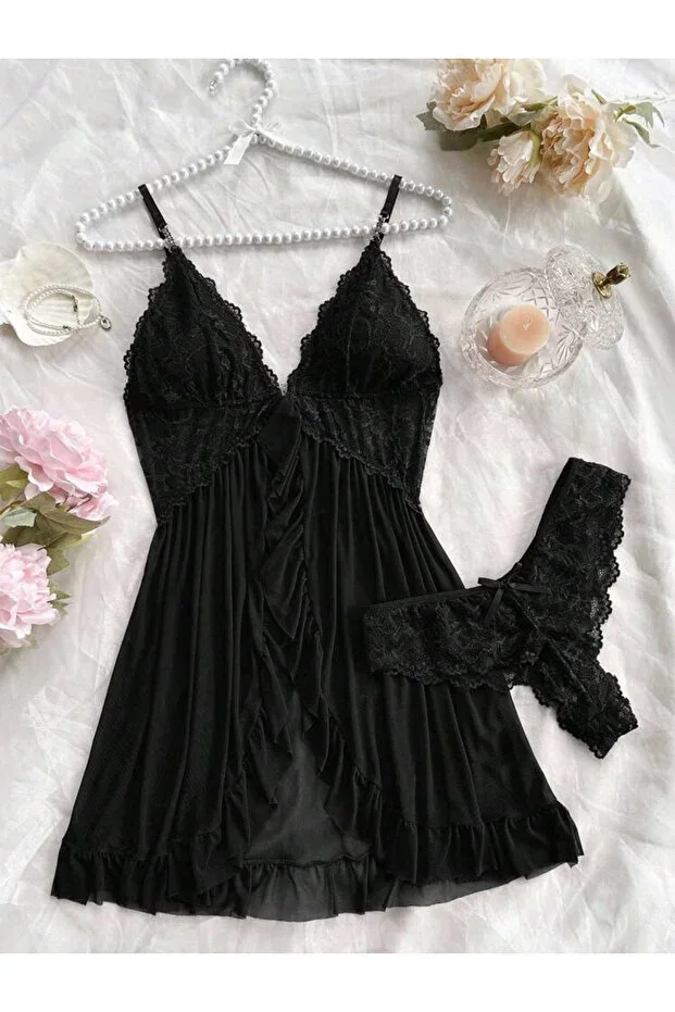 Women's V-neck Black Lace Detail Lycra Tulle Strap Nightgown with Thong Gift