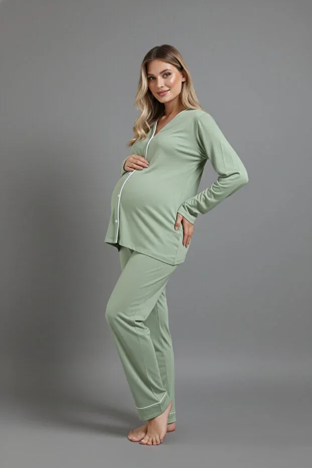 Ribbed Bamboo Fabric Long Sleeve Buttoned Loose Set – Suitable for Pregnancy