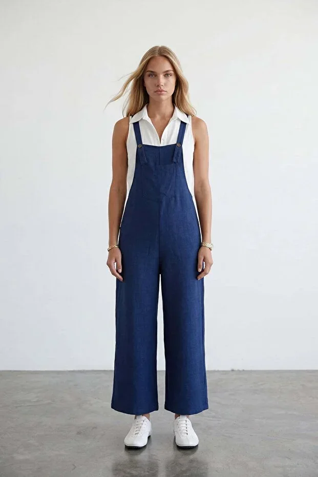 Women's Navy Blue Pocketed Strap Gabardine Overalls Alc-X12186