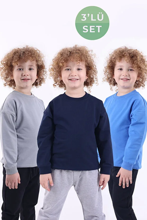 3 Piece Set Seasonal Oversize Basic Sweatshirt (NAVY BLUE GRAY)