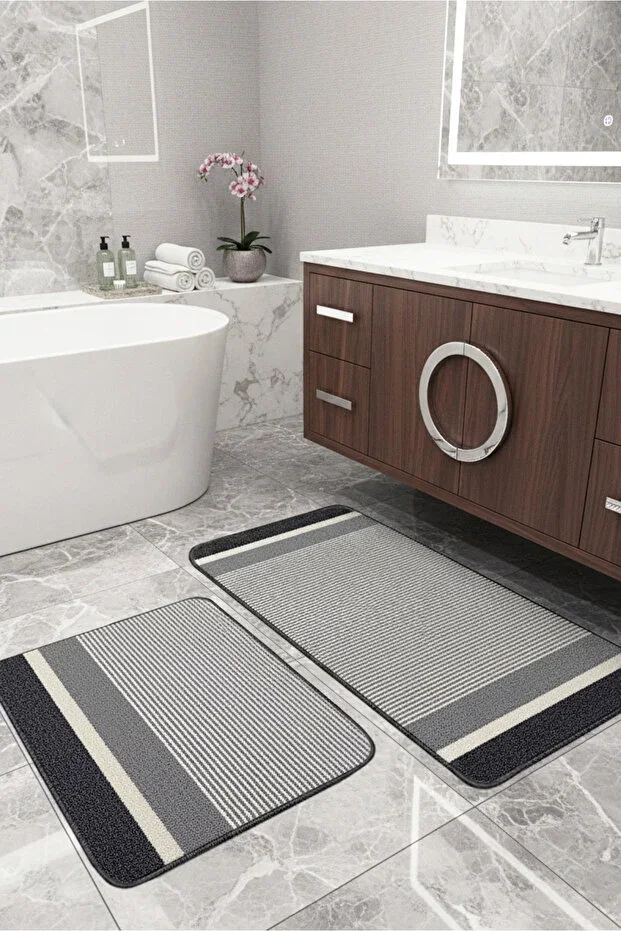 Bath Mat 2-Piece Set Washable Woven Surface Non-Slip Base Toilet Set Bathroom Rug Mat
