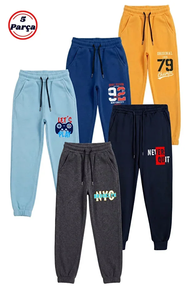 5 Piece Print Detailed Elastic Waist Boy's Jogger Sweatpants