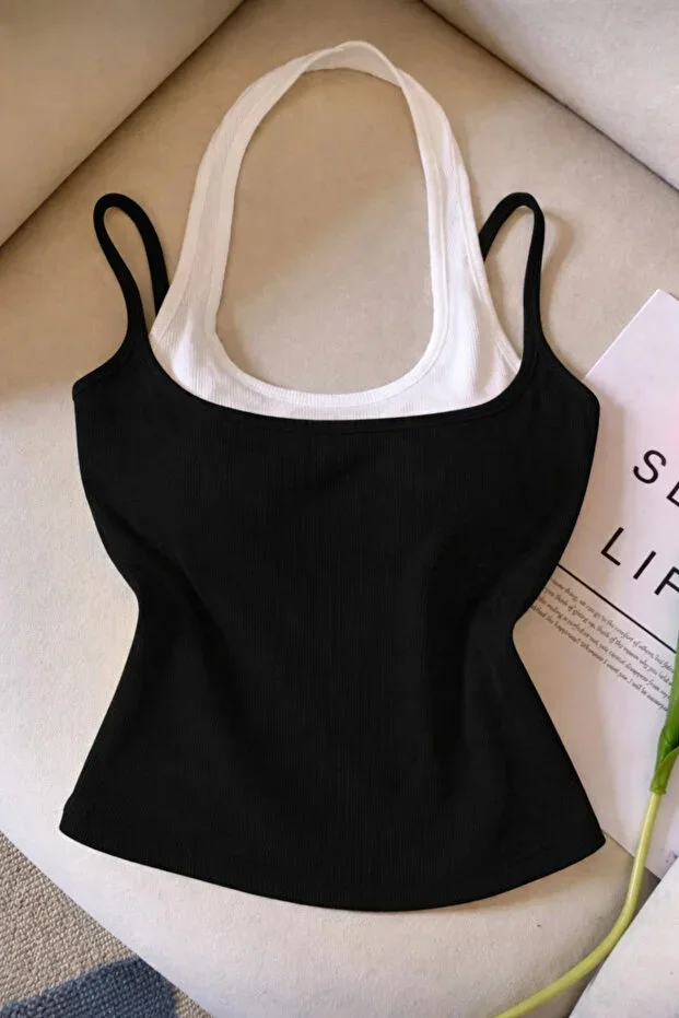 ÖZ PAMUK COTTON Women's Crew Neck Double Color Soft Blouse Tank Top