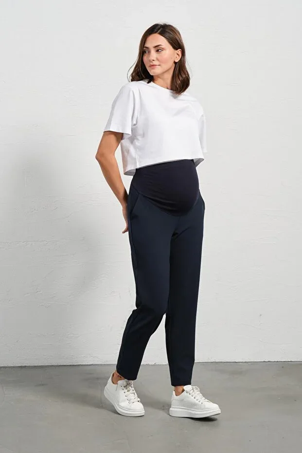 BUSA Pregnant Elastic Waistband Adjustable Mom Fit Classic Gabardine Pants NAVY BLUE