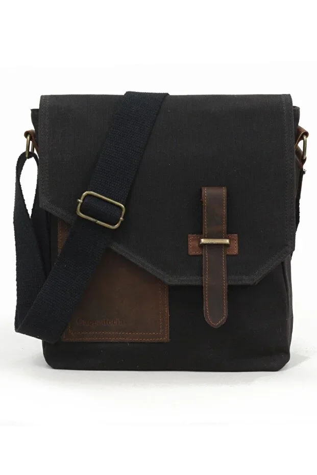 Cappadocia Vintage Genuine Leather Water Resistant 4035 Teos Dark Black Messenger Shoulder Waxed Canvas Laptop Bag