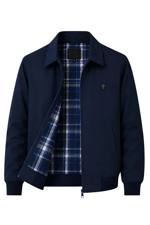 Men's Navy Blue Regular Fit Bonded Fabric Classic Collar Seasonal & Summer Jacket