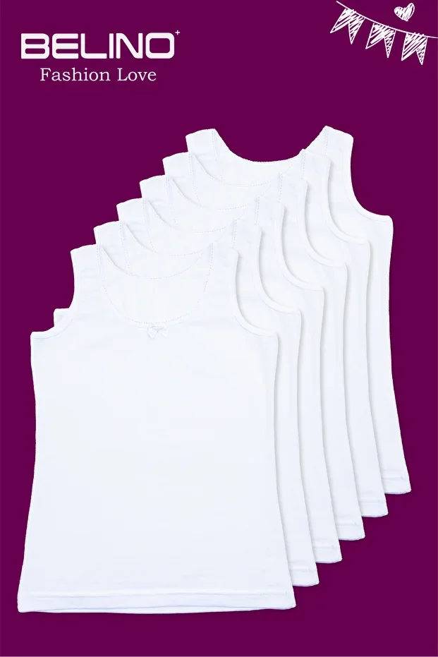 Girls Plain White Color Combed Lycra 6 Piece Pack Strap Tank Top