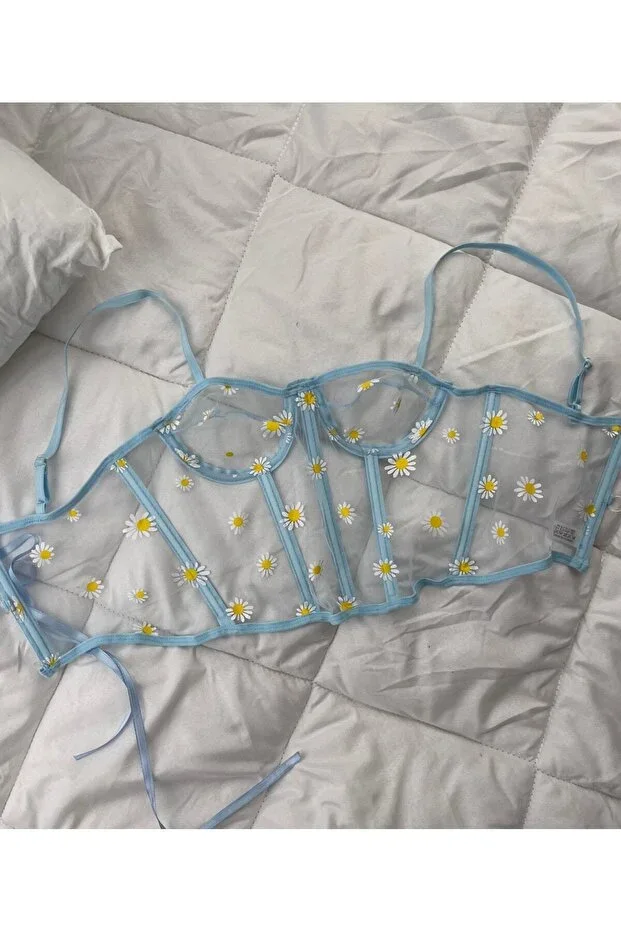 Papatya Pattern Blue Transparent Bralette Corset Bustier (cups are small)