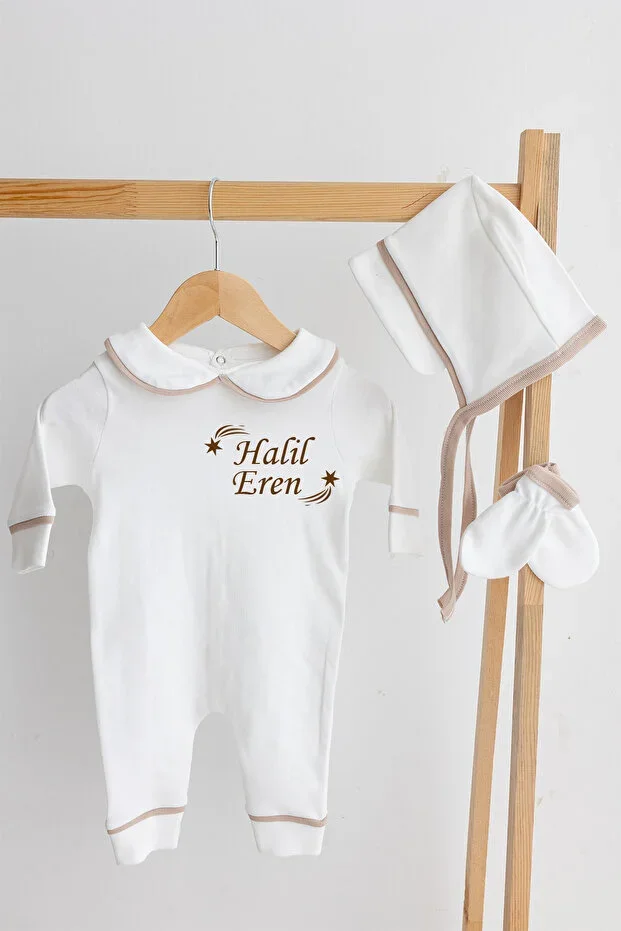 Custom Name Printed Bonnet Hat 3-Piece Cotton Romper Set