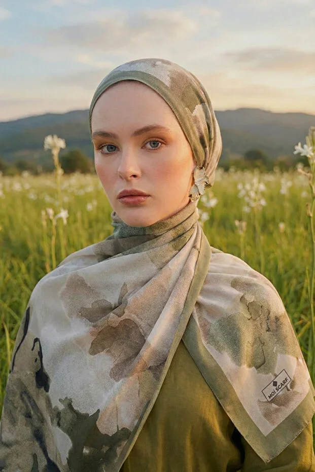 Brume d’Amour French Silk Patterned Scarf Soft Green