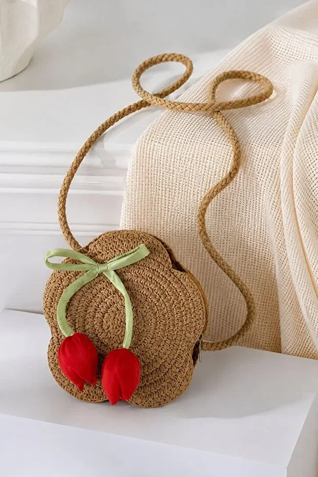 Minigimin Cicileri Tulip Detailed Straw Girl Child Mini Bag - Red