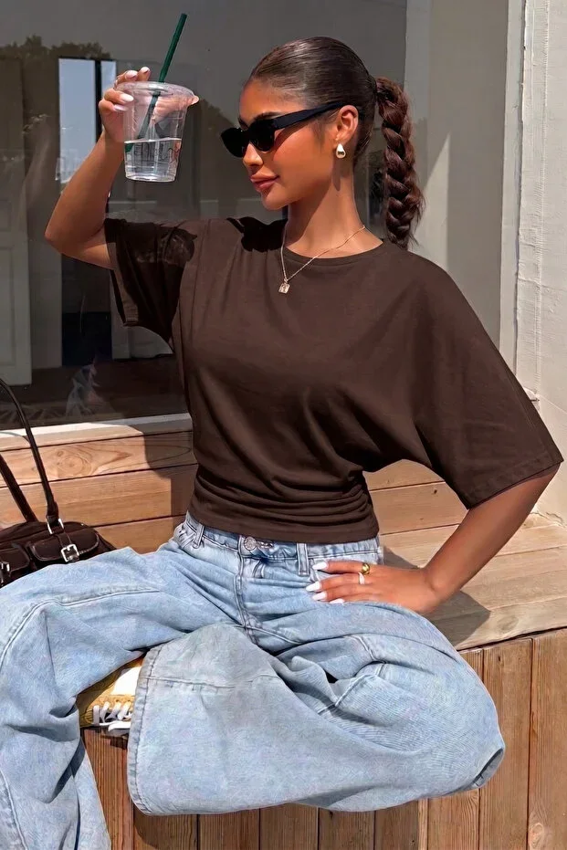 Women's Blouse with Wide Batwing Sleeves, Brown Blouse