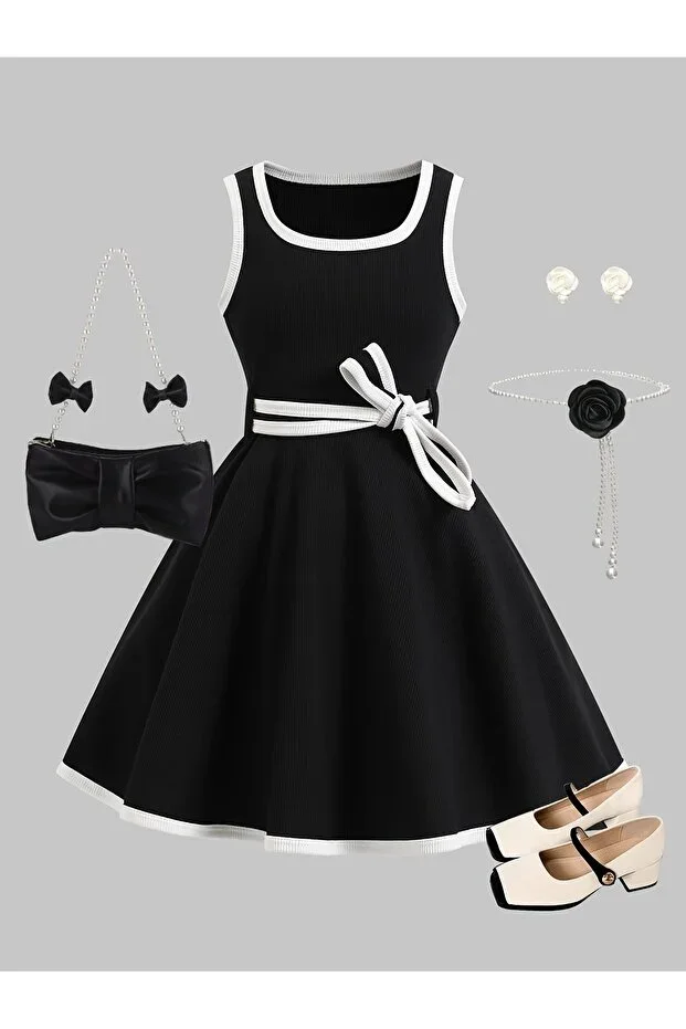 Girls' Black and White Striped Ribbon Detail Sleeveless Summer Dress (Ages 3-12)