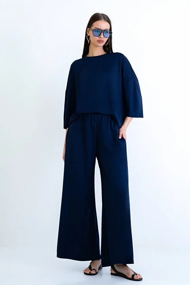 Women's Navy Blue Round Neck Three-Quarter Sleeve Modal Blouse and Double Pocket Pants Set Alc-X15234