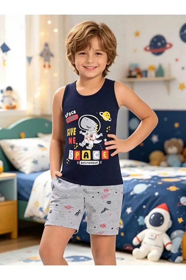 Boys' Undershirt & Shorts Cotton Combed Pajama Set Navy Blue Grey Space Patterned