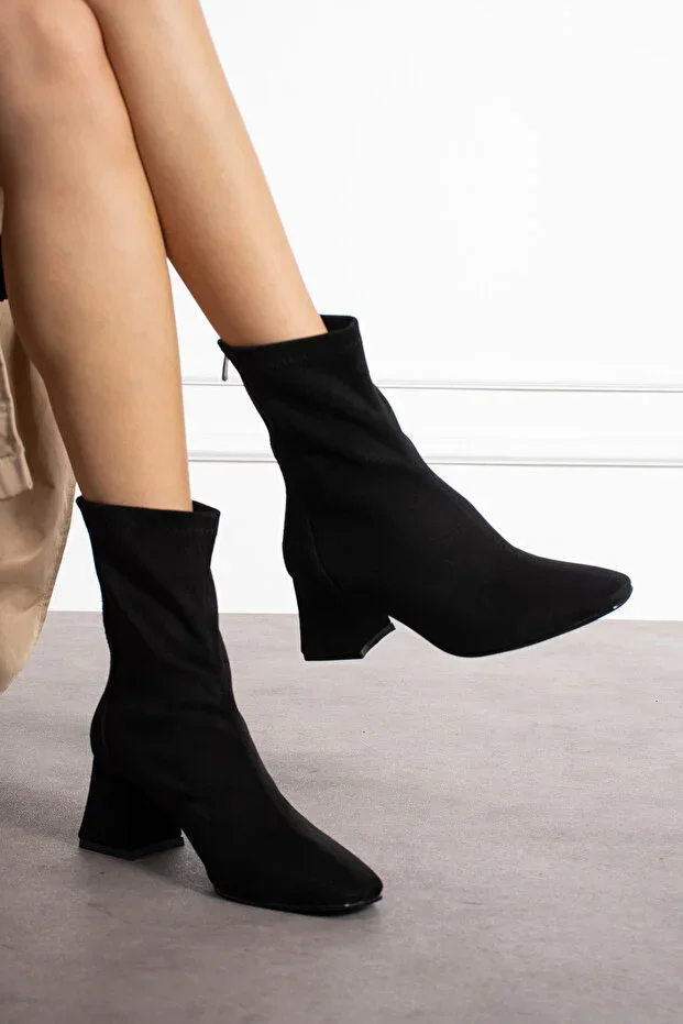 Alvis Black Suede Colored Thick Heel Stretch Women's Boot