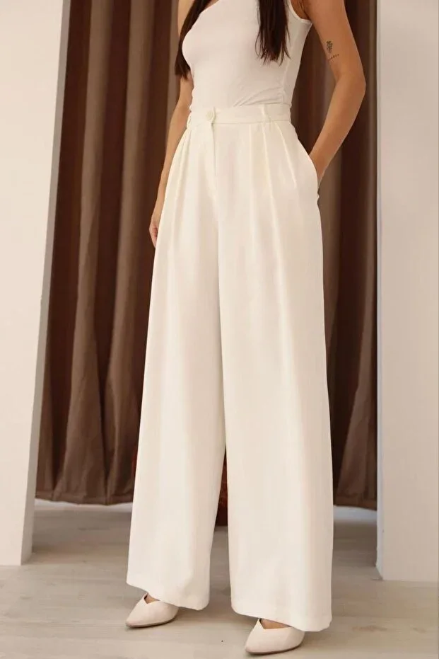 polle Women's White Pleated High Waist Palazzo Pants