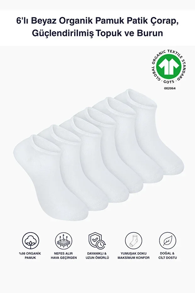 6'lı White Organic Cotton Baby Socks, Reinforced Heel and Toe