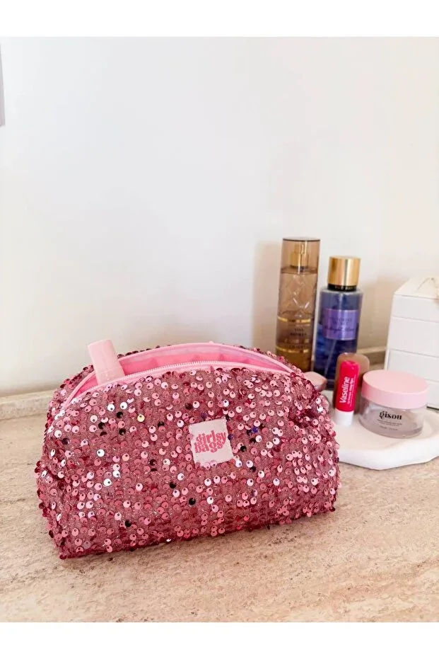 Pink Sequin Makeup Bag Large Size Zippered Glittery Chic Pouch Bag