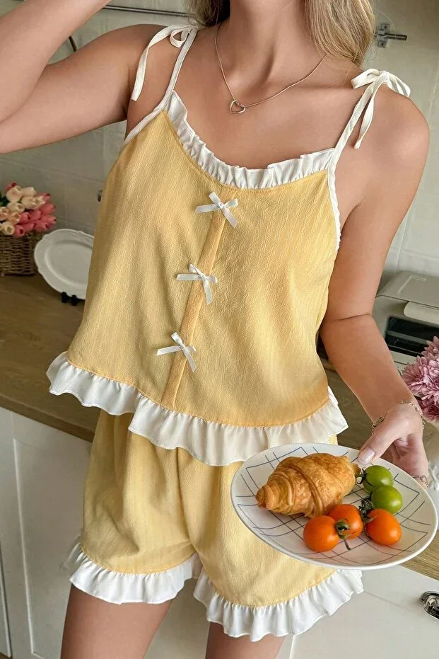 Yellow Ruffle and Bow Detail Strappy Pajama Set with Shorts