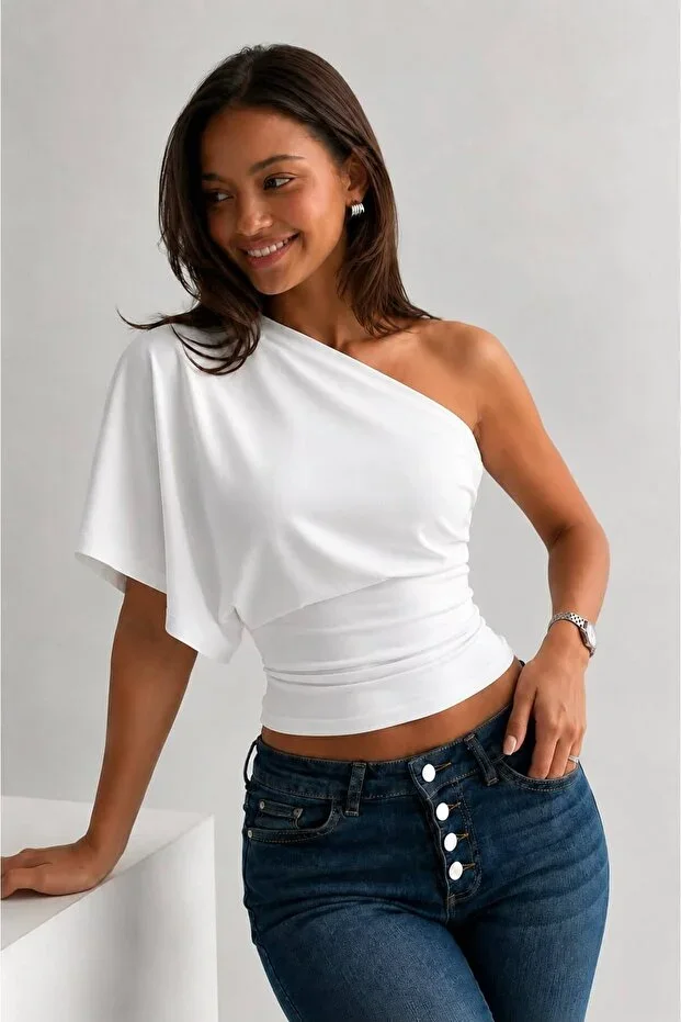ecemore One Shoulder Wide Sleeve Fitted Waist Viscose Blouse