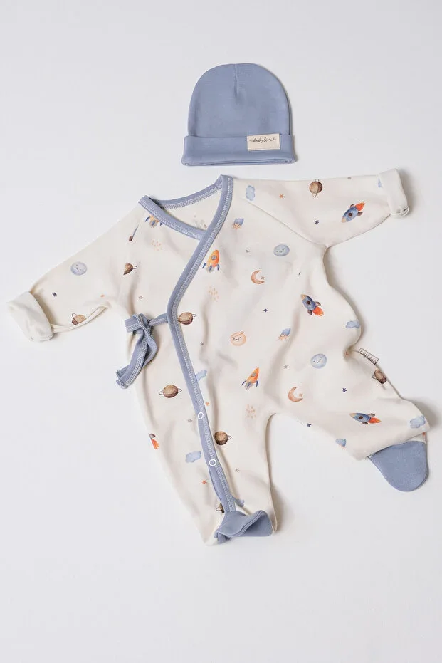 Baby Boys Space Print Side Tie 100% Cotton Romper Set